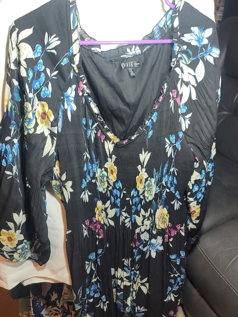 Black Dress with Blue and Yellow Floral Accents